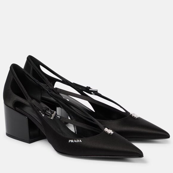 PRADA Pointed Toe Cutout Cut Out Block Heel Crystal Satin Leather Pumps - Picture 2 of 16